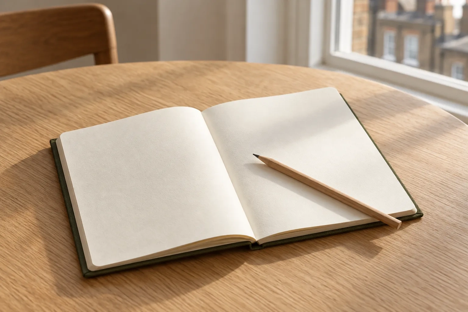 An open notebook with blank cream pages holds a plain wooden pencil on an oak table.