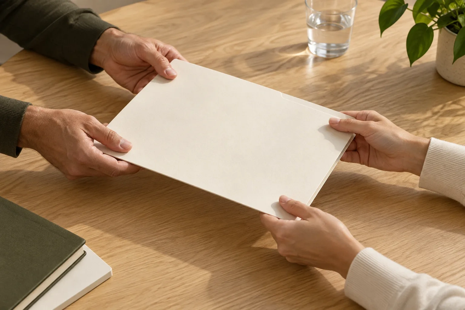 Two pairs of anonymous hands pass a blank cream folder across an oak table.