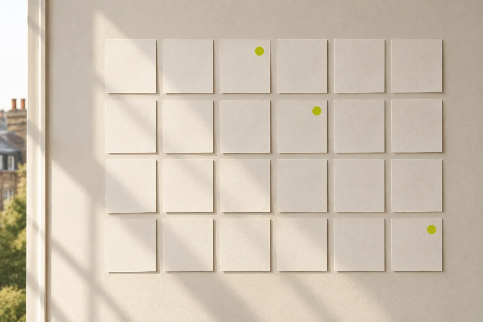 A grid of blank paper squares on a wall has three small chartreuse dots.