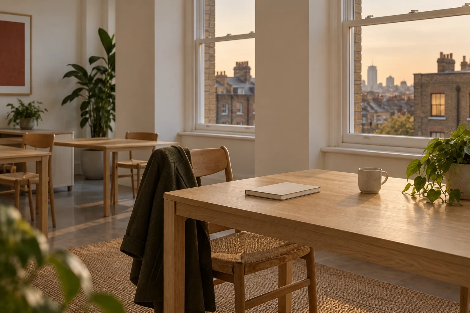 A dark coat hangs over one chair among empty oak desks in an office after hours.