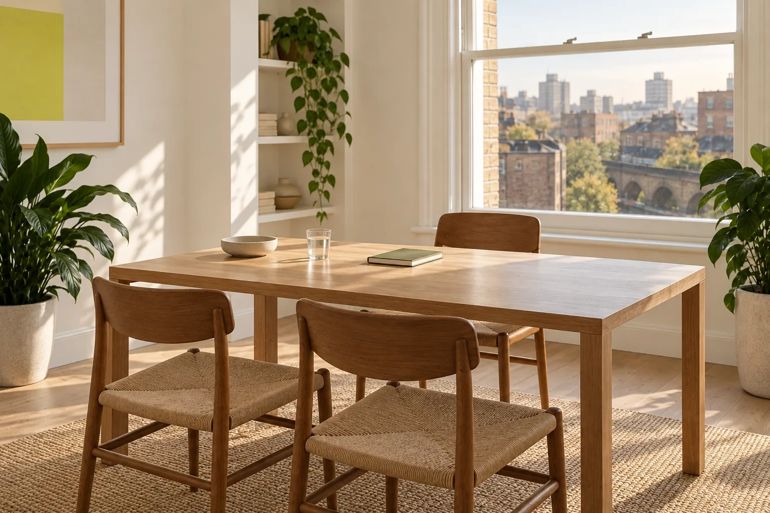 Two visitor chairs face a single chair across a pale oak desk in morning light.