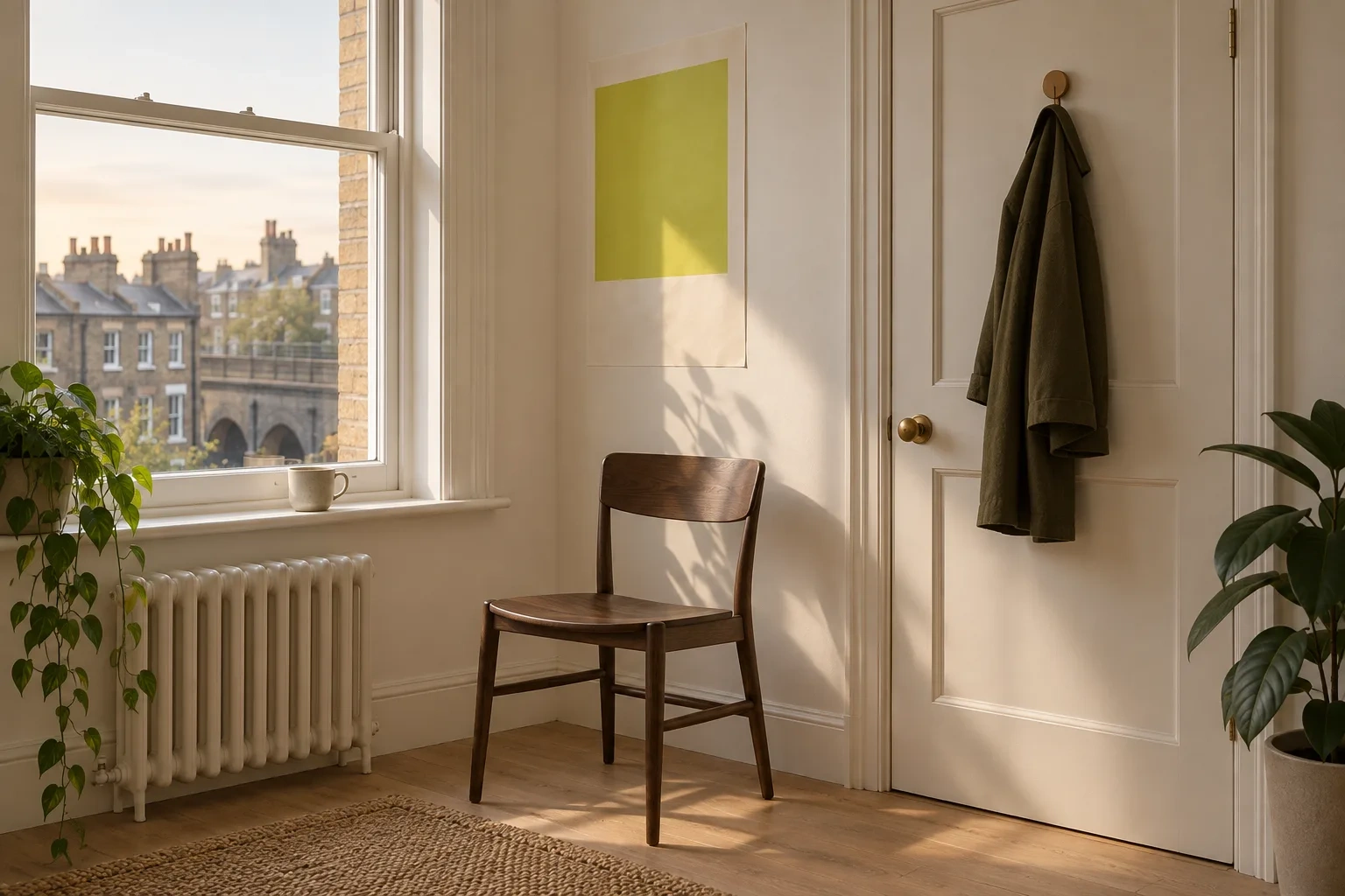 A single chair stands beside a closed door with a coat hook, and a cup rests on the windowsill.