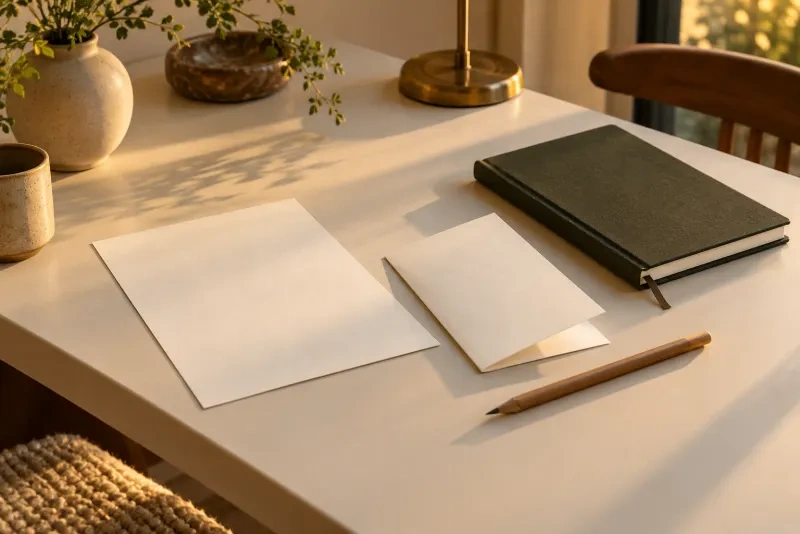 A desk in late afternoon light with blank paper, a folded card, a pencil and a closed dark green notebook.