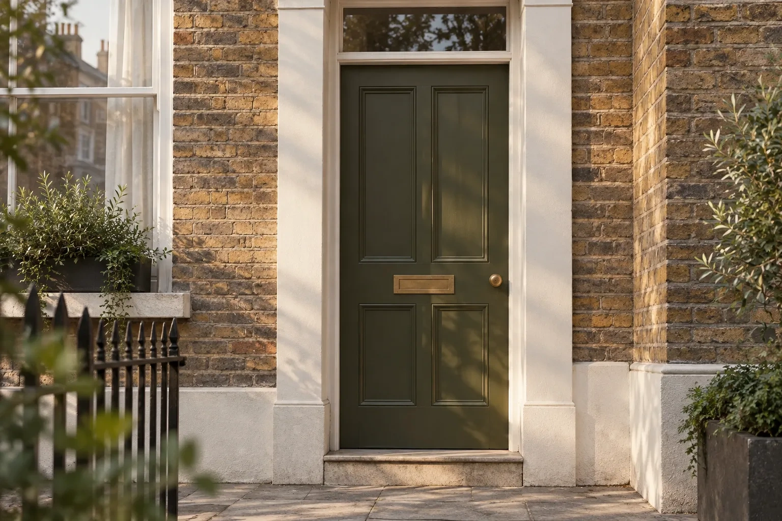 An unnumbered dark olive door with a brass letterbox sits in a London brick facade.
