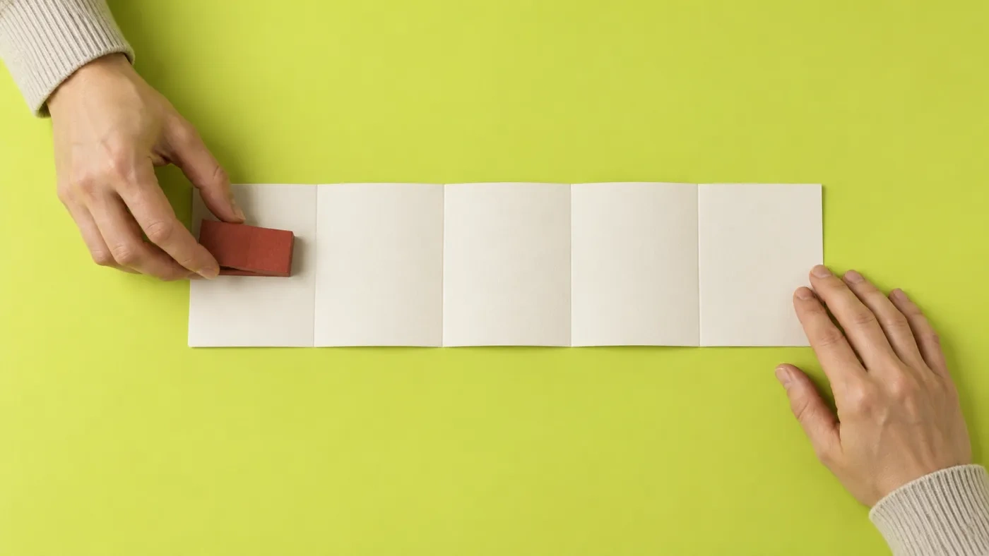 Storyboard frame: two hands lay a folded paper week on a chartreuse desk and place a brick-red block on the first panel.