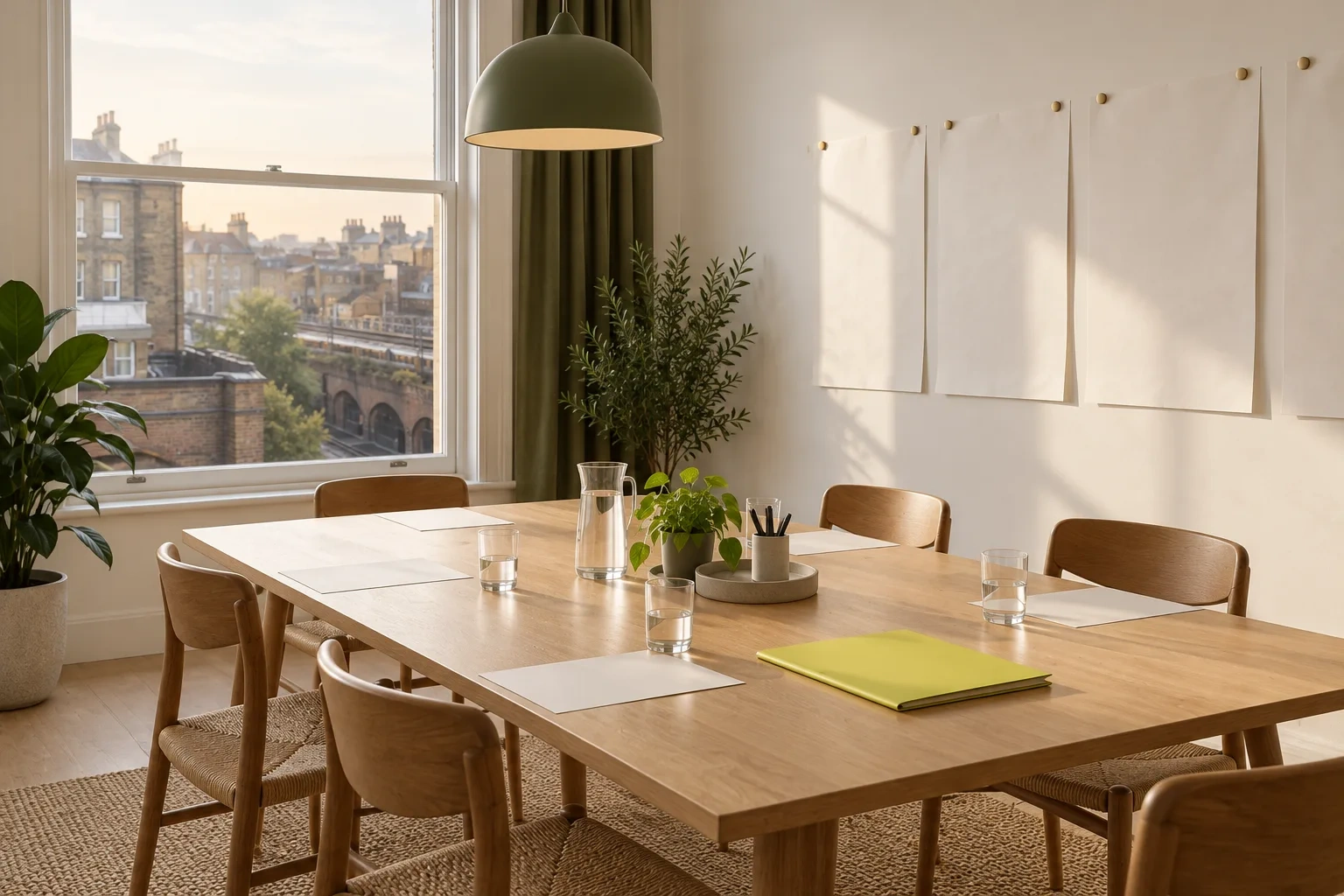 Blank sheets line a quiet meeting room wall above a table with a chartreuse folder.