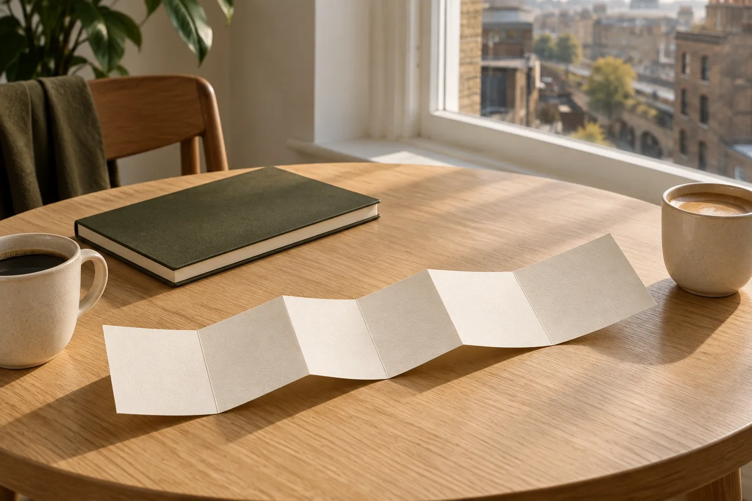 A folded blank paper strip lies beside a dark notebook and two cups on a pale oak table.