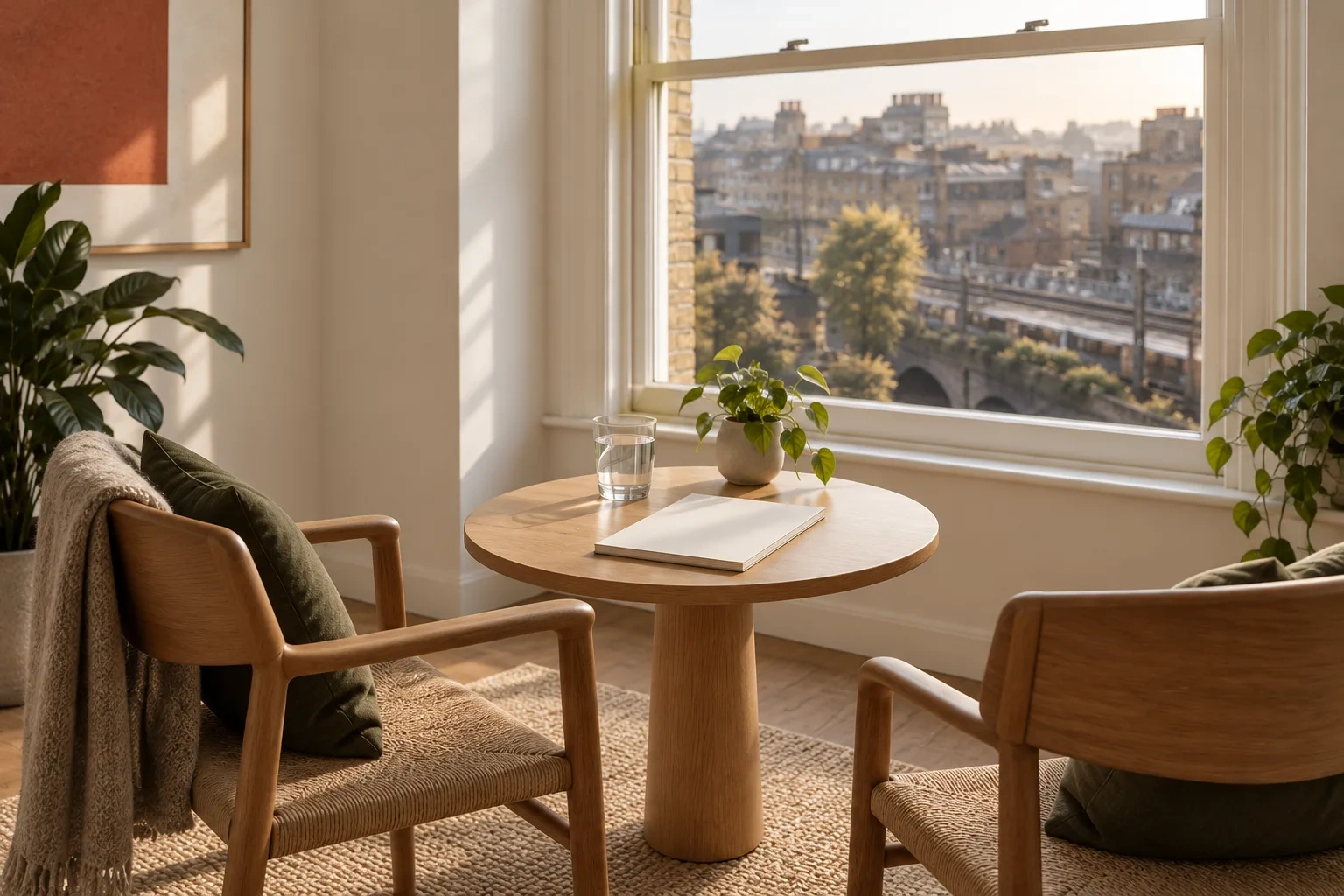 Two chairs angle toward a window with a blank pad on the small round table between them.