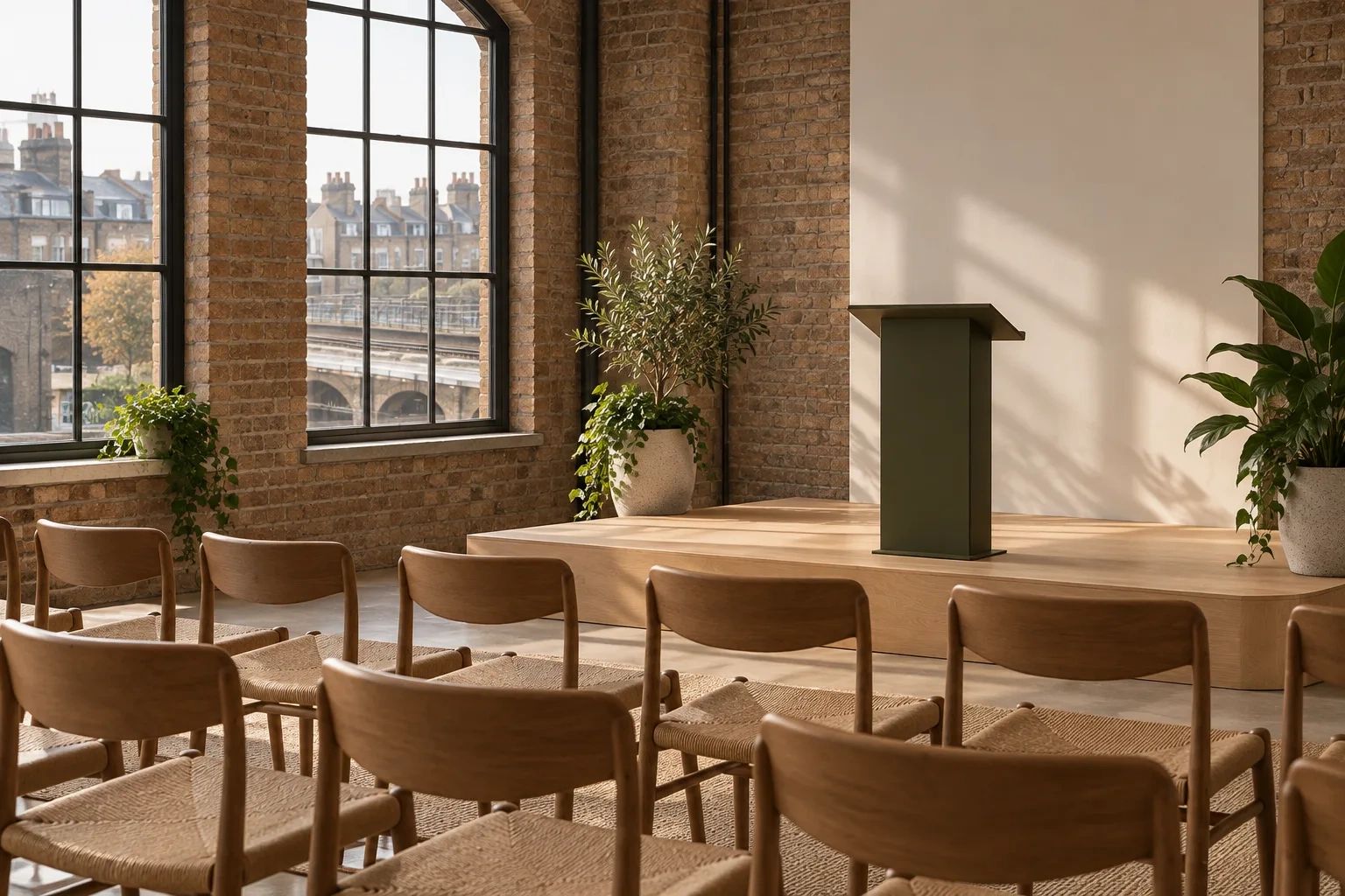 A plain dark lectern stands on a low timber stage facing empty chairs in a brick event room.