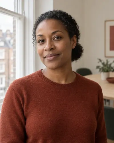 Portrait of Mara Fenwick: hair pulled back, rust-coloured jumper, standing by a window.