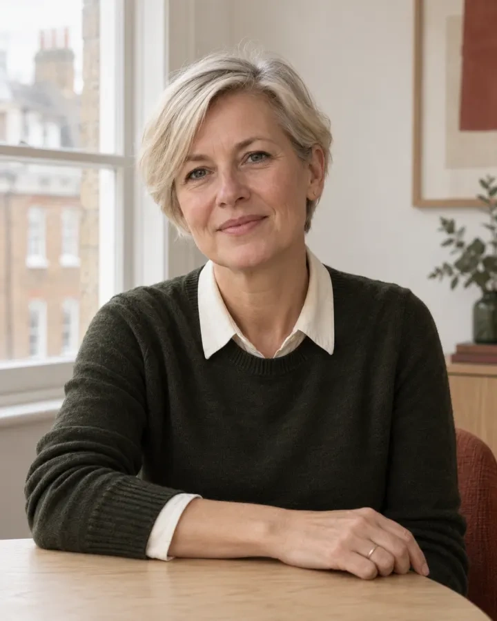 Portrait of Tessa Lindqvist: short silver-blonde hair, dark olive jumper, seated at a round oak table in a meeting room.