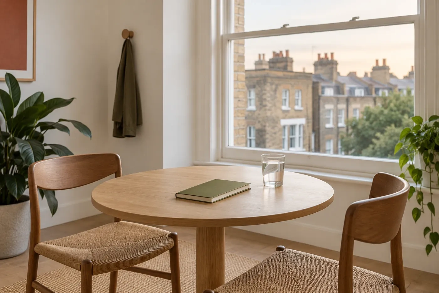 A quiet hired meeting room with a round oak table, two chairs, a green notebook and a window onto London terraces.