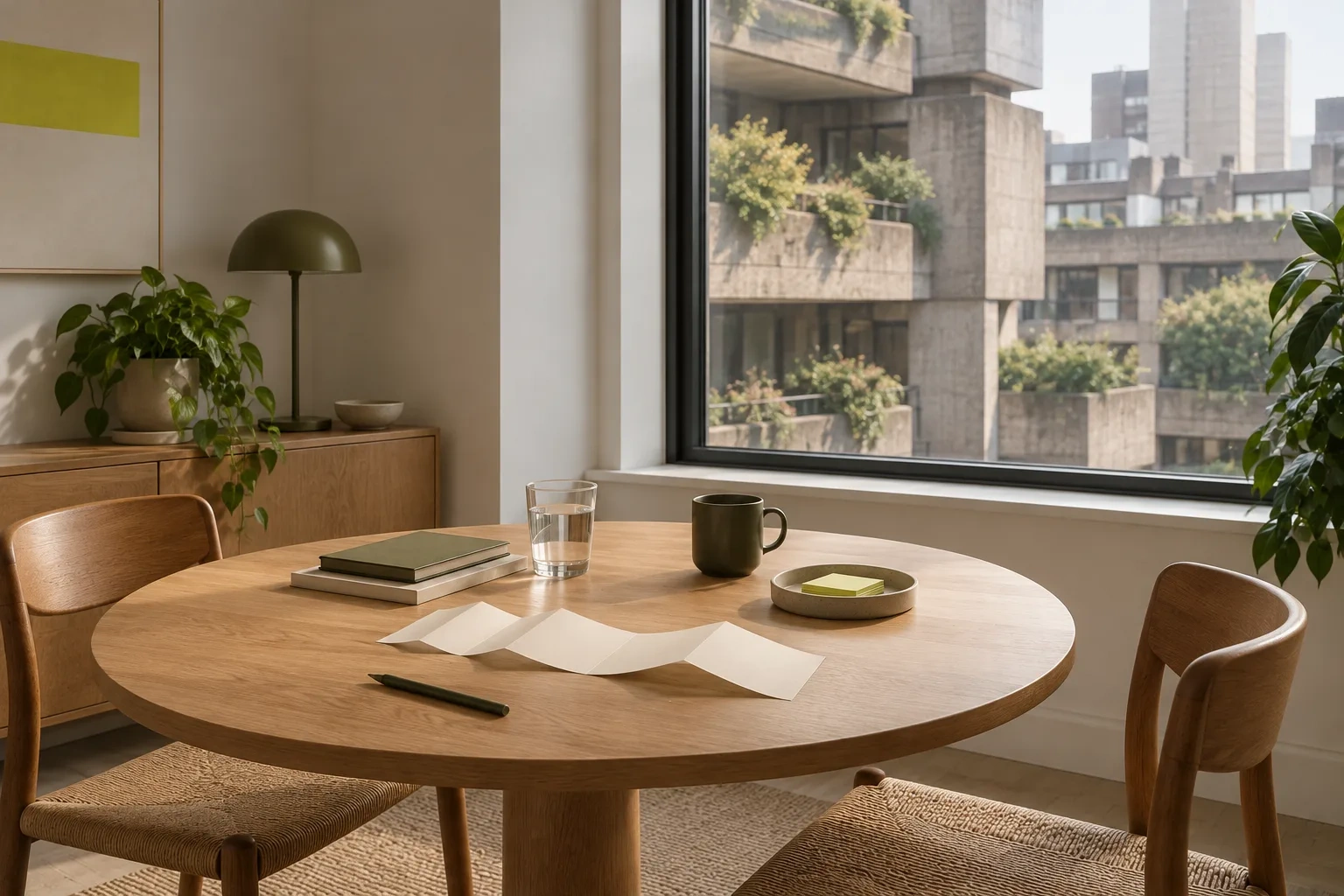 A warm timber meeting table sits by a window overlooking concrete balconies and planted greenery.