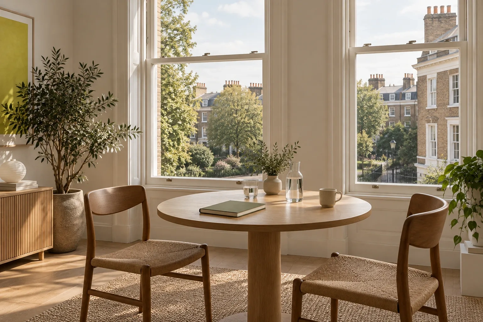 Two wooden chairs and a round table sit beside tall windows overlooking a leafy London square.
