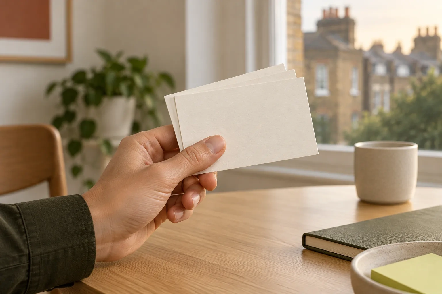 An anonymous hand in a dark olive sleeve holds a small stack of blank cream cue cards.