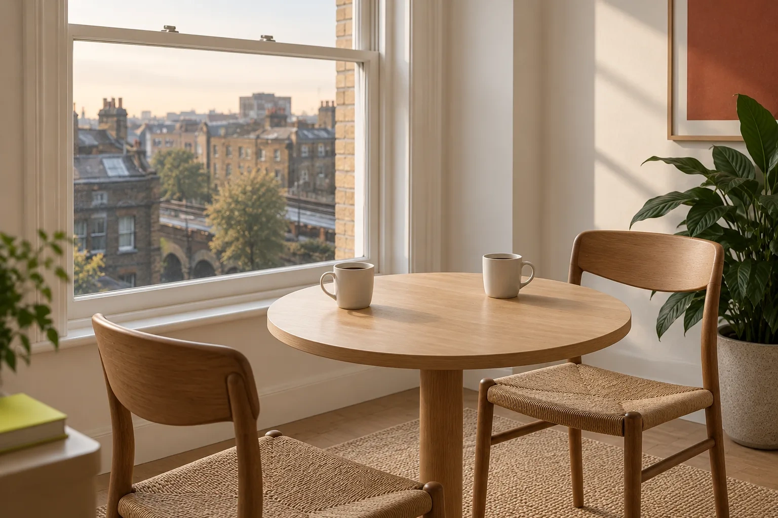 Two coffee cups sit on a round oak table between wooden chairs, one turned slightly away.