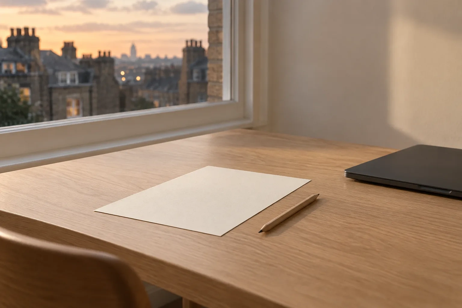 A blank sheet and pencil lie on a cleared oak desk with a closed laptop pushed aside in evening light.