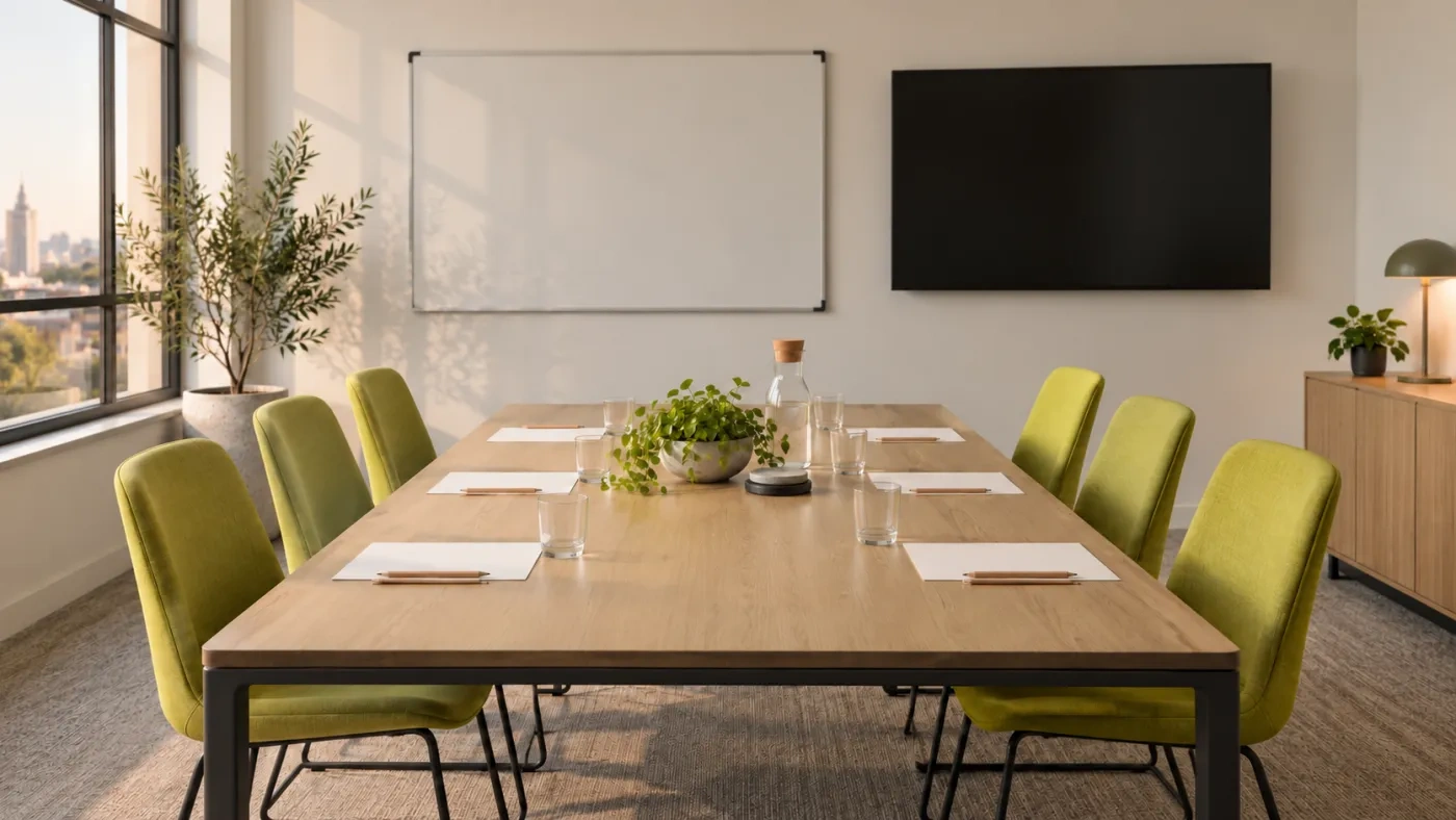 An empty meeting room set for a workshop, with six chartreuse chairs around a long table.